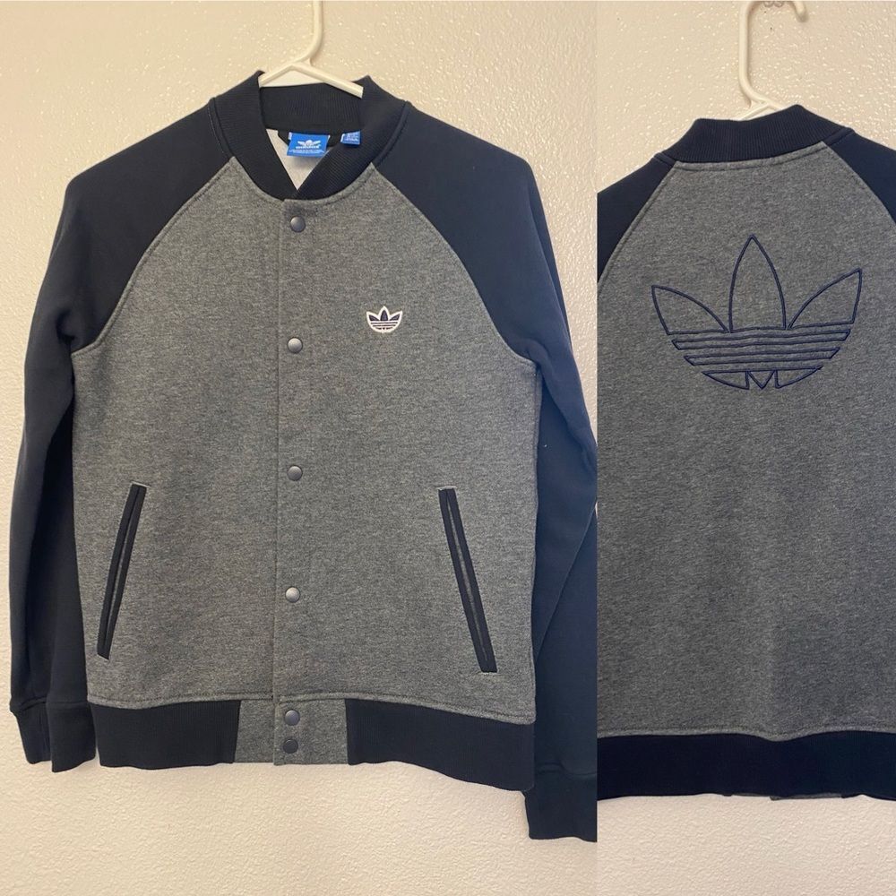 Adidas Originals varsity Letterman jacket grey black snap Trefoil logo L 13-14